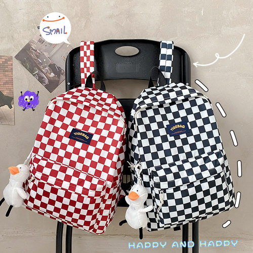 Checkered Student Backpack Female Korean Version Large Capa
