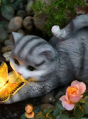 Solar Lamp Resin Crafts Cat Butterfly Ornament Outdoor Cour