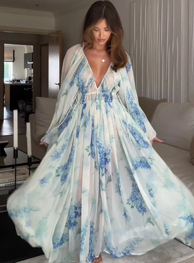 2024 Independent Station Printed Chiffon Perspective V-neck