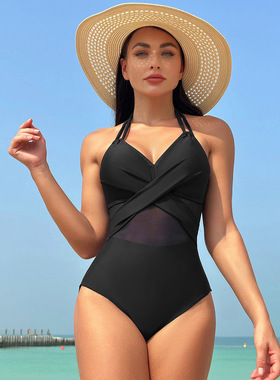 2025 one-piece swimsuit women's solid color mesh bikini swi