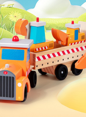 Wooden transport engineering vehicle set, simulation excava