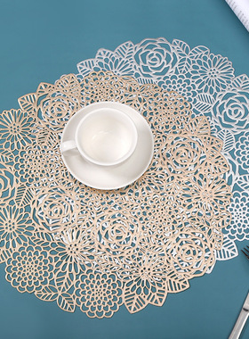 Hot stamping round dining mat with PVC hollow rose bushes,