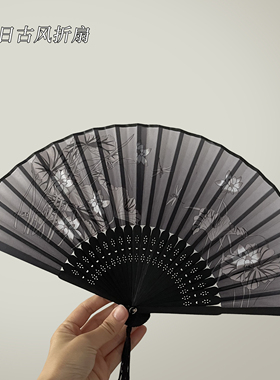 中国风折叠小扇子随身携带古风汉服古装舞蹈马面裙夏天黑色竹扇女