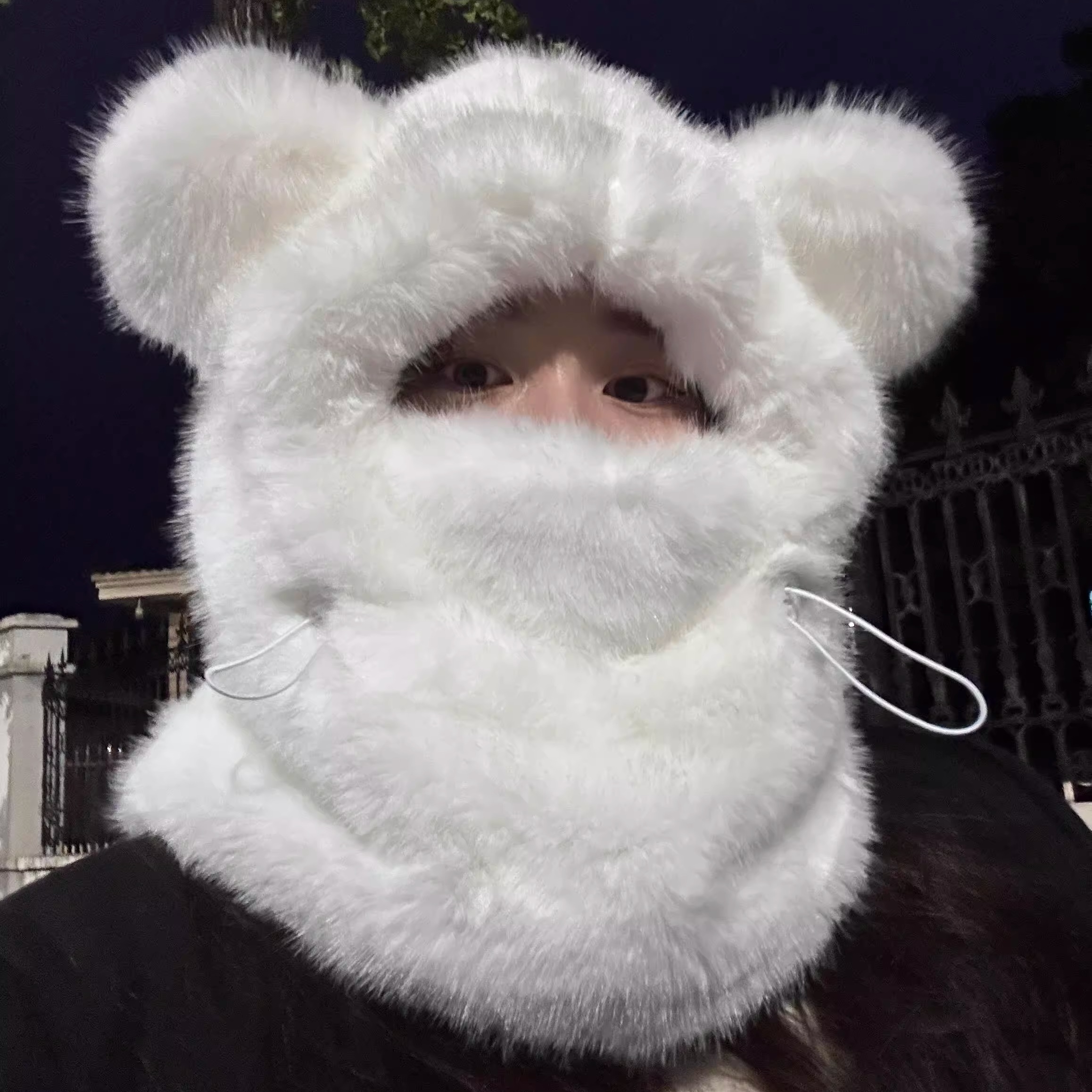 小熊毛绒帽子围巾一体东北防寒