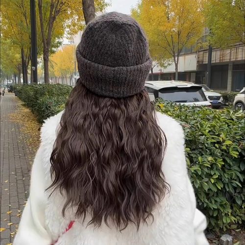 帽子假发一体冬女款针织帽大波浪
