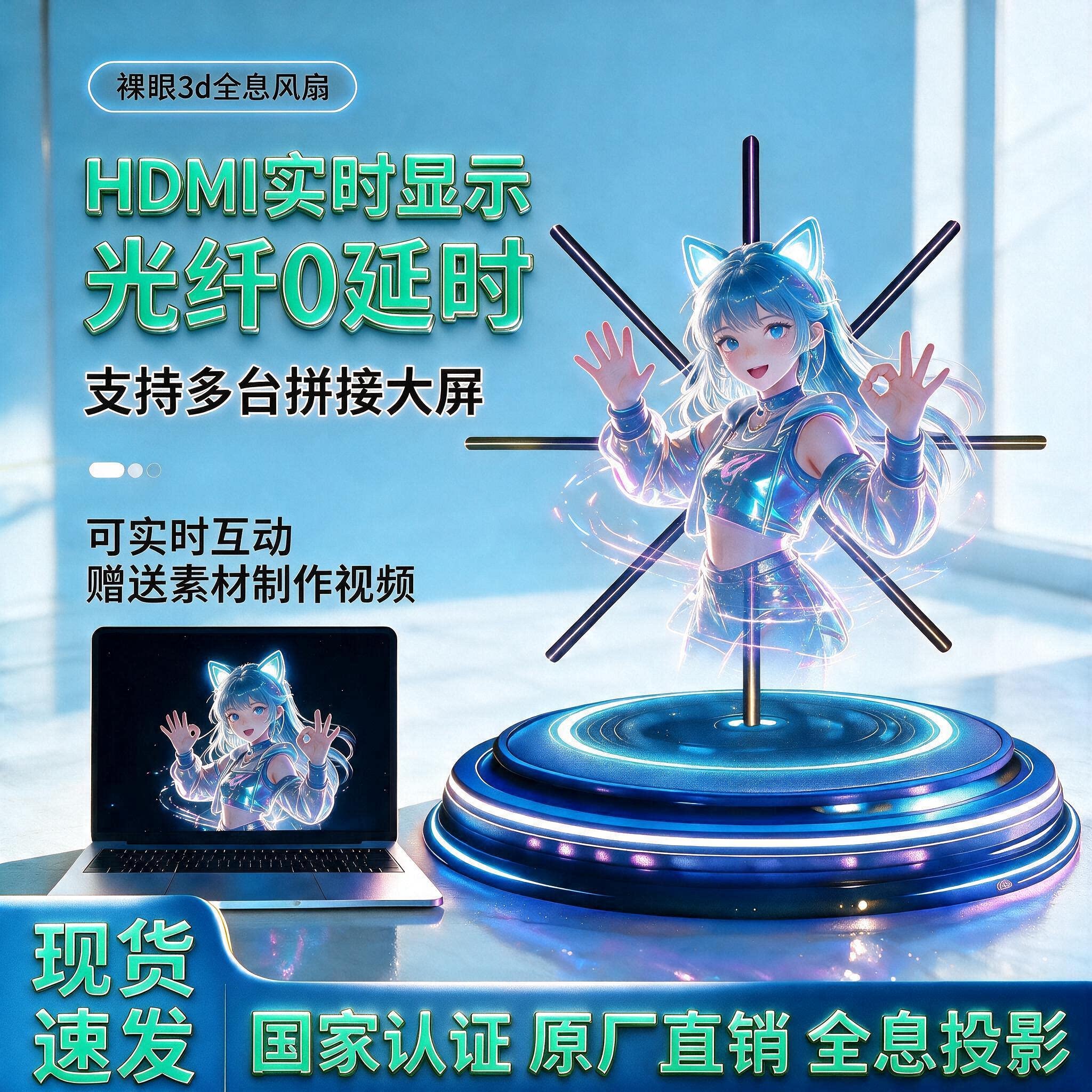 HDMI实时显示裸眼3d全息风扇投影仪虚拟人像全息广告机无延时投屏