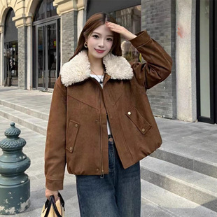 韩系毛绒大翻领鹿皮绒外套女2025秋冬季新款气质高级感加厚棉服