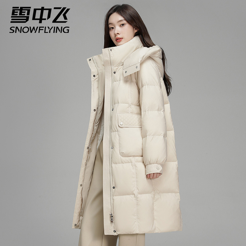 雪中飞羽绒服女连帽中长款加厚2025新款冬季时尚过膝韩版女士外套