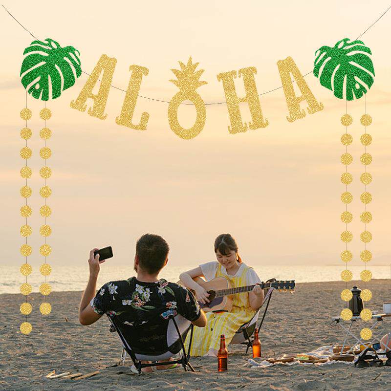 夏拉威夷派装饰闪粉圆片花金拉色龟背叶对ALOHA花无品牌/夏季派对