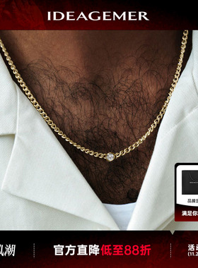 IDEAGEMER 纯银黄金色带钻古巴项链男士经典高级感百搭简约素链