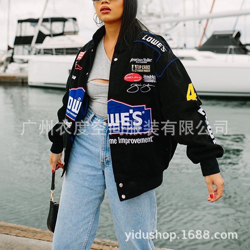 2022秋季新款跨境夹克亚马逊运动风黑色印花休闲宽松长袖风衣外套