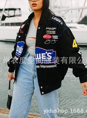 2022秋季新款跨境夹克亚马逊运动风黑色印花休闲宽松长袖风衣外套