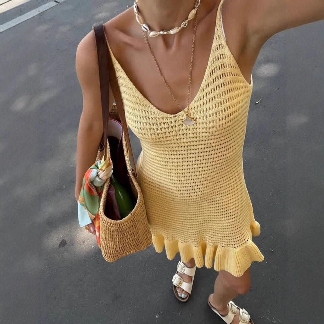 knit beach dress夏季新性感吊带荷叶边女沙滩度假镂空针织连衣裙