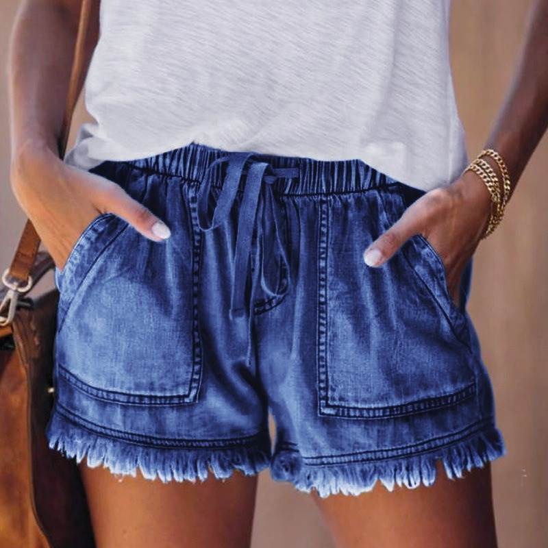 Casual high-waisted denim shorts休闲松紧高腰显瘦牛仔短裤女士