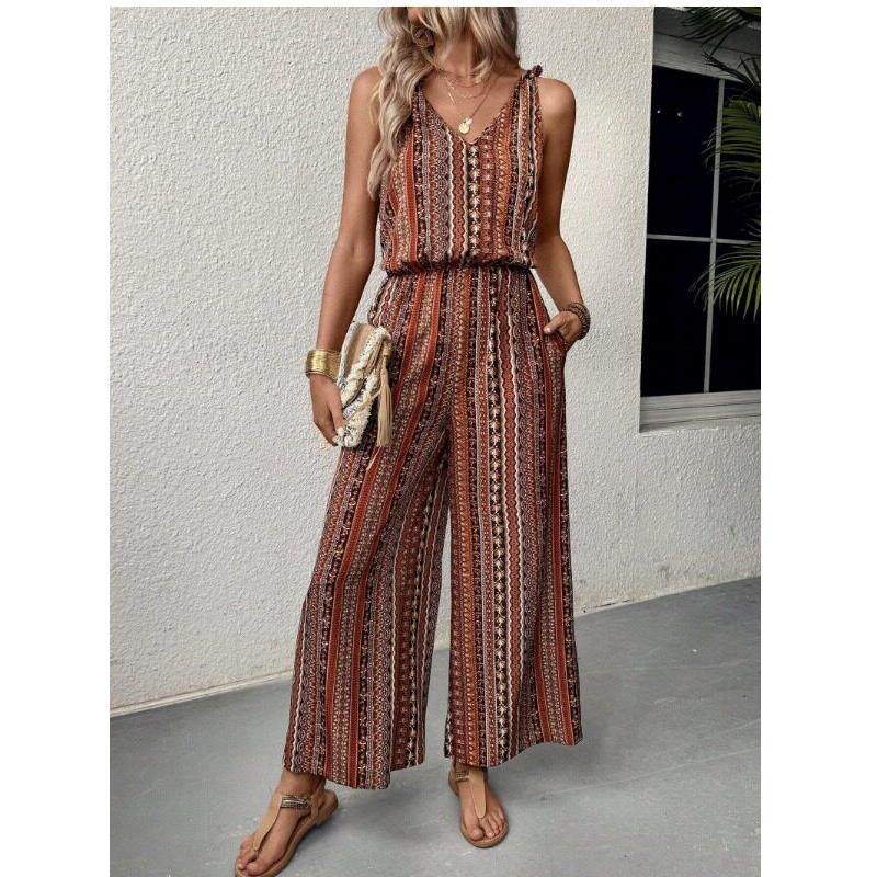 夏季新款欧美经典条纹印花前后V领松紧收腰吊带连体裤女Jumpsuits