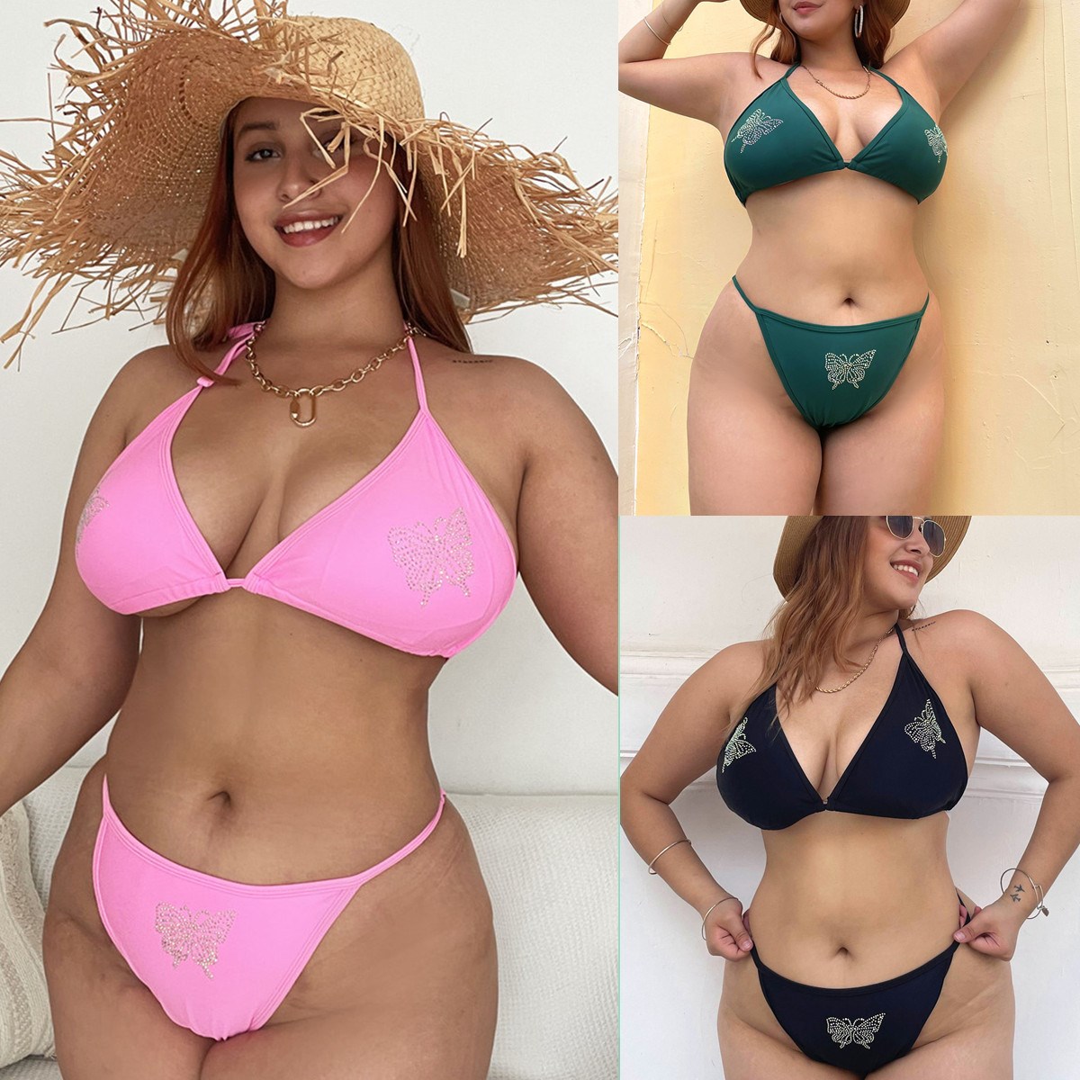 Plus sizes bikini swimsuit欧美女士性感大码水钻绑带比基尼泳衣
