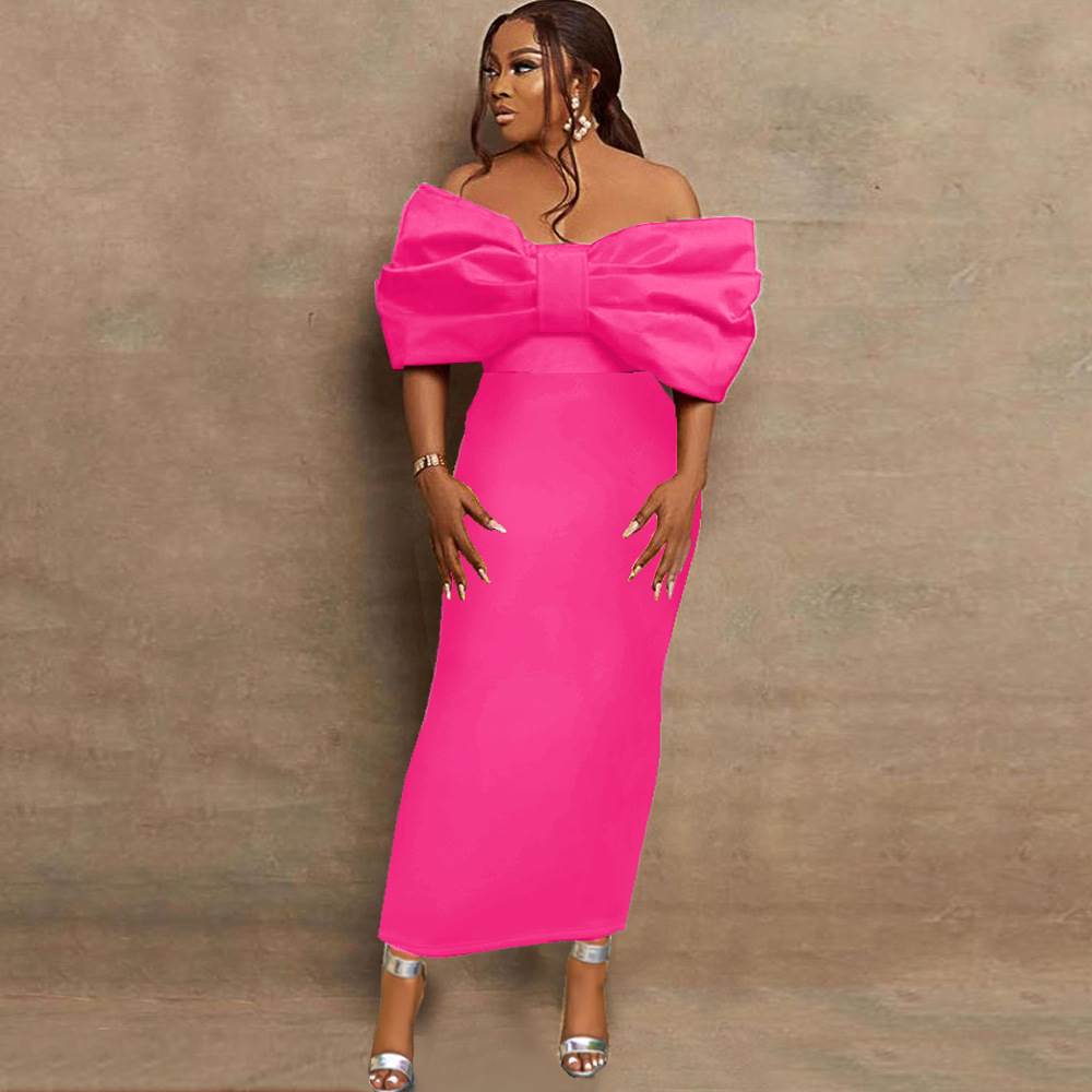 4XL plus-size women's summer strapless bow dress大码玫红
