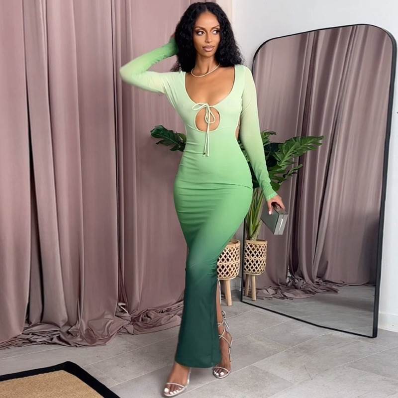 亚马逊跨境女装2023秋季新品时尚性感镂空露背系带长袖连衣裙