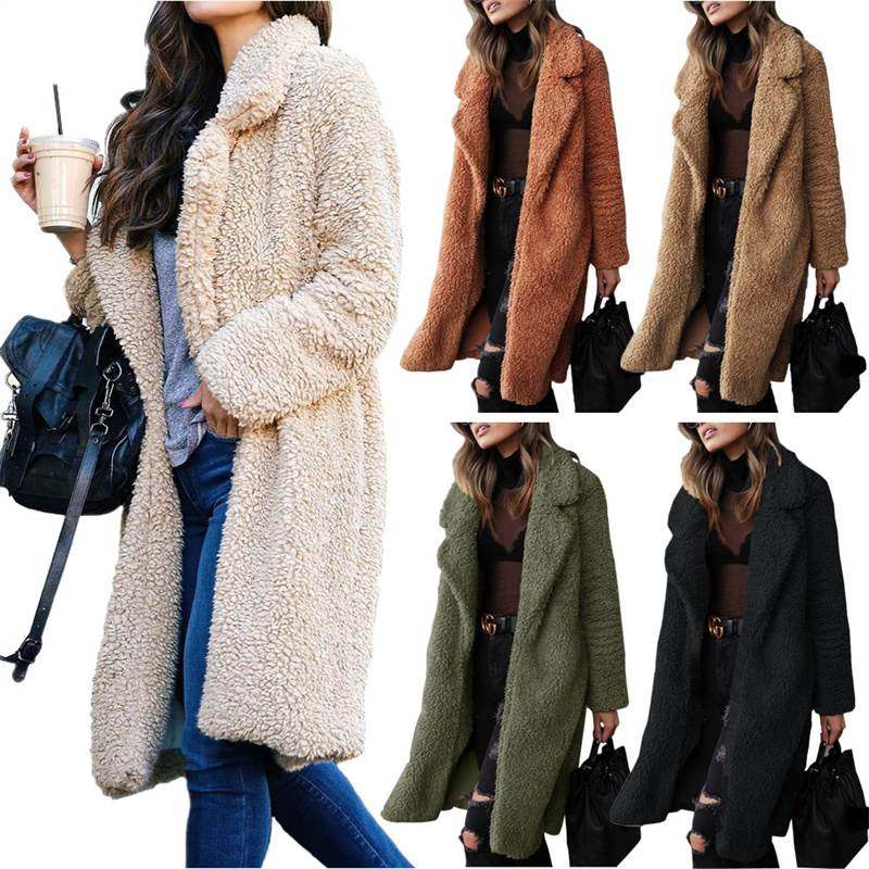 winter women woollen coat casual ladies long tops毛绒长外套1