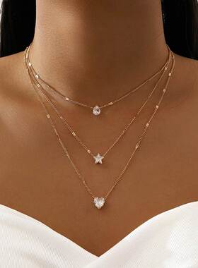 Crystal Zircon Heart Star Charm Layered Pendant Necklace Set