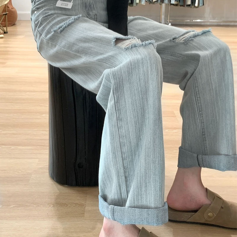 曹漂亮复古纹理感破洞直筒阔腿牛仔裤女夏薄款百搭高腰显瘦拖地裤