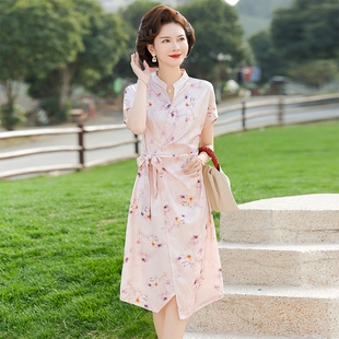 聲雨竹2025年夏季 媽媽裝 桑蠶絲連衣裙女中長款 復(fù)古氣質(zhì)印花真 新款