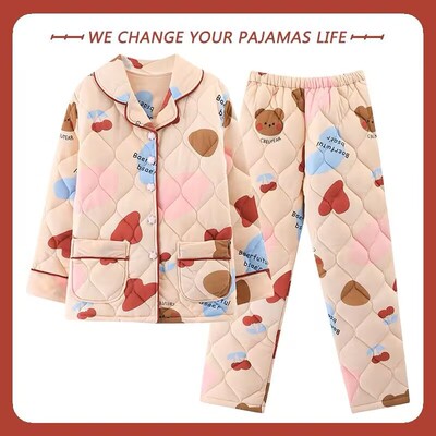 美梦纯棉冬季夹棉睡衣女秋冬天新款长袖三层加厚棉袄休闲家居服