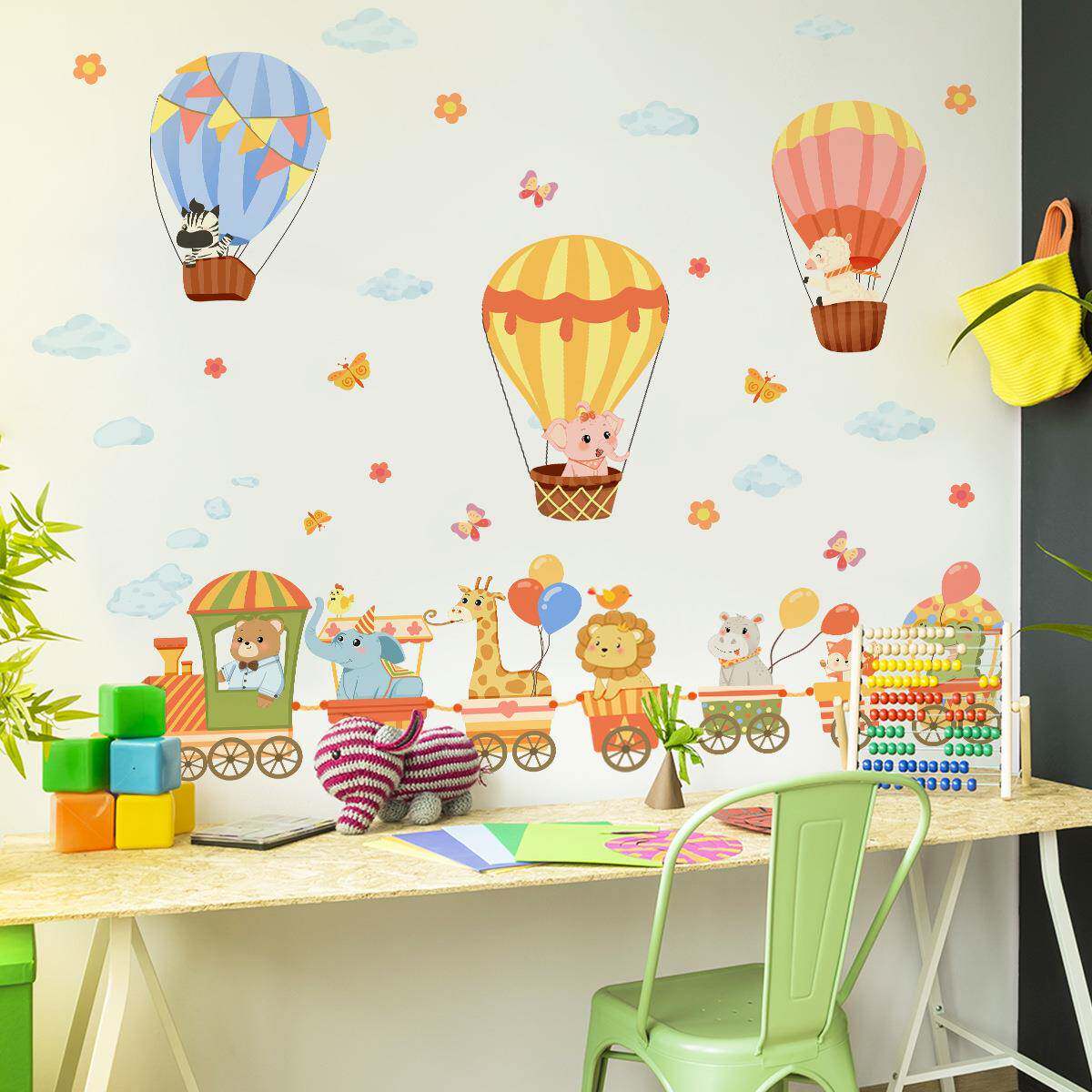 B1610卡通动物火车气球墙贴儿0童房家居背景装饰自热粘B16010-Y移