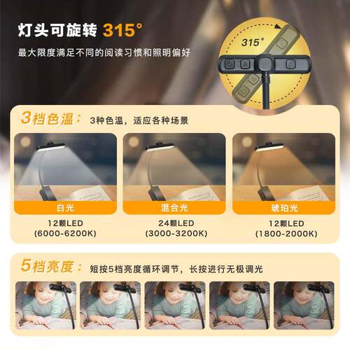 双排灯珠l76ed阅读旋转头护眼夹灯E书灯跨境TYP-C充灯电夹子灯