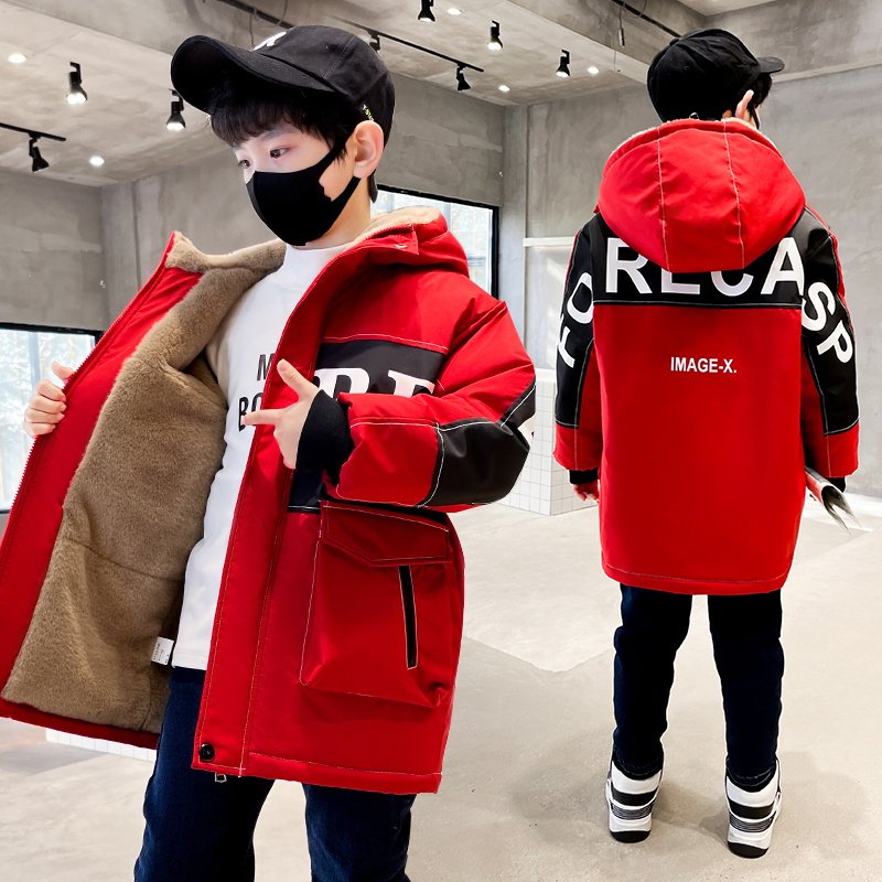 男童冬款棉服洋气加绒加厚红色拜年服外套2024新款大童棉衣炸街潮