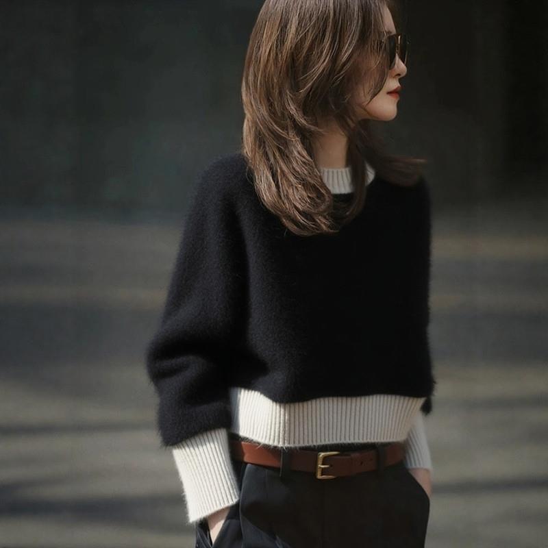 韩系黑色拼接撞色圆领毛衣女秋冬季高级感宽松慵懒风短款针织上衣
