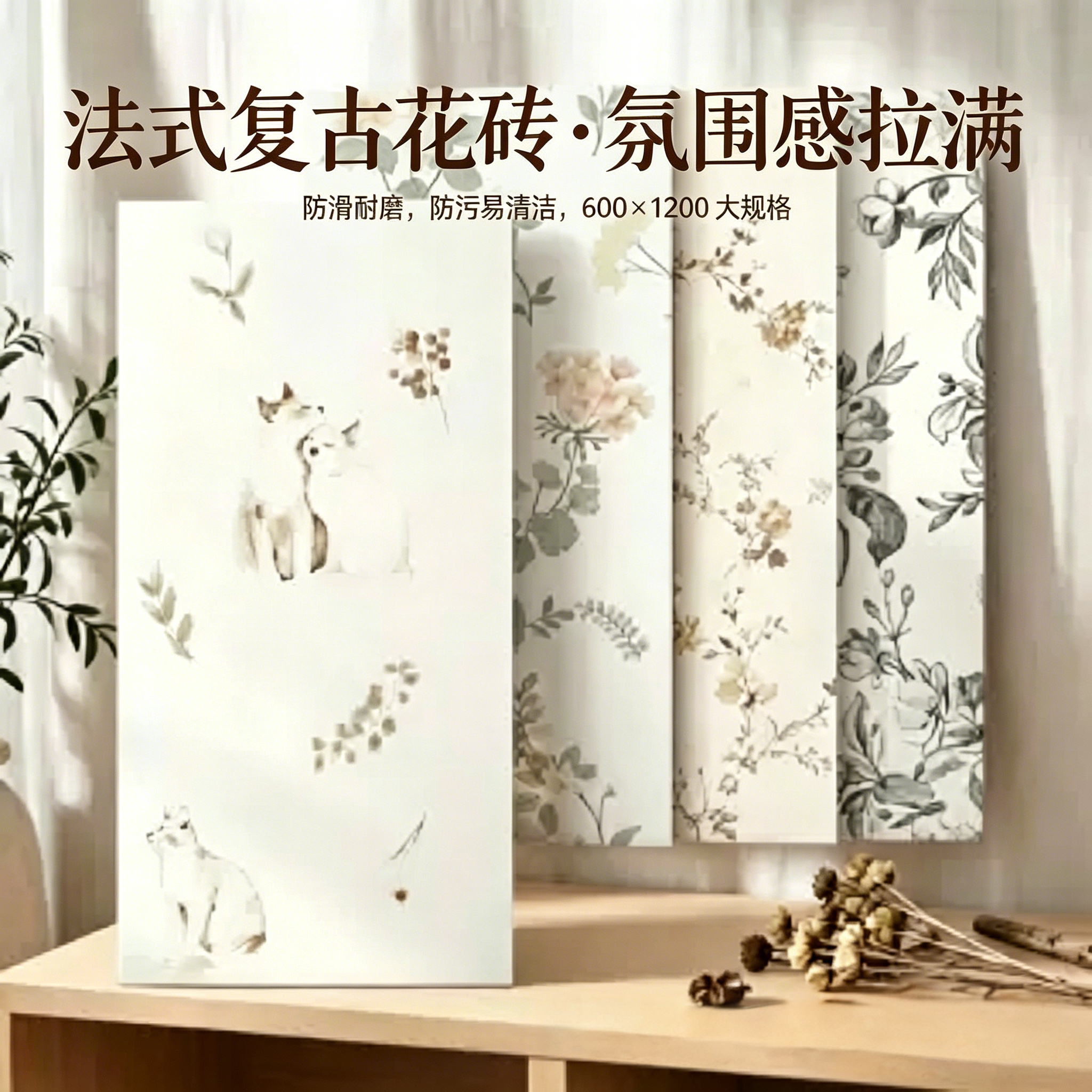 法式复古花卉防滑瓷砖600×1200