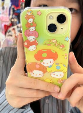 蘑凯蒂用/14PX手Pro众1新款12防/菇猫适苹果15ROMA机壳13小1摔XSX