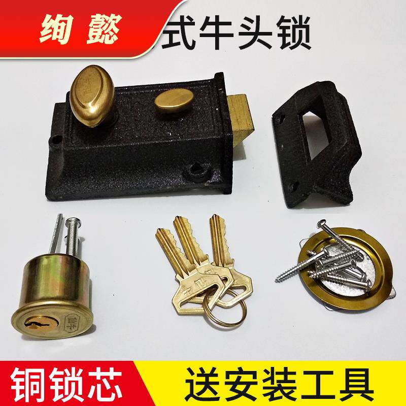 牛头锁木门锁老式二保险外装门锁通用型黑色家用室外大门锁暗锁