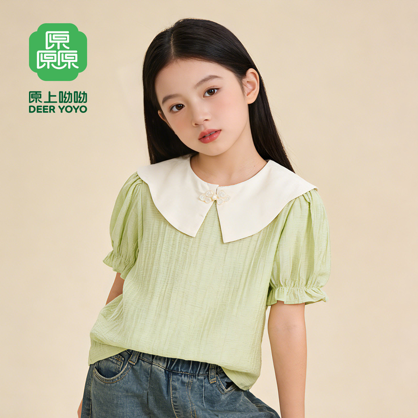 厵yuan夏季新款中大童女童儿童娃娃领休闲短袖T恤上衣透气薄款