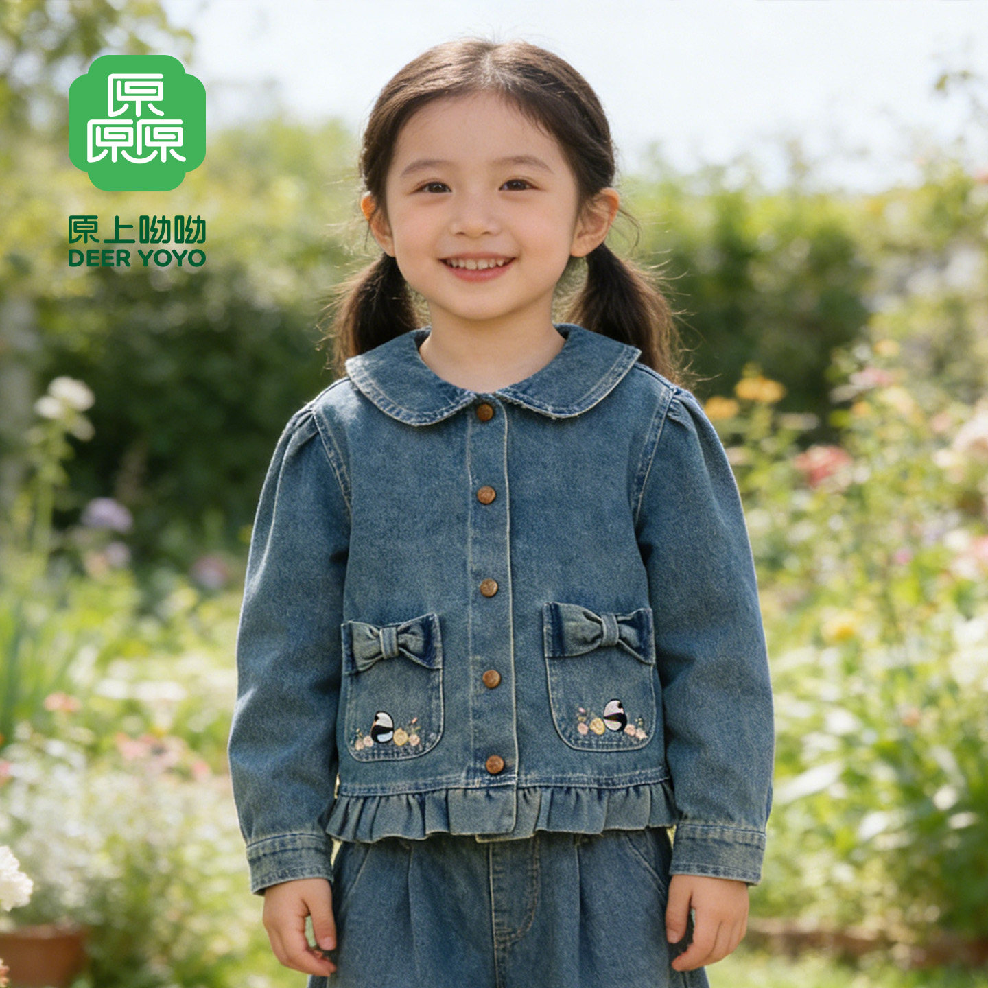 厵yuan童装女童春秋牛仔外套2026年新款春款国风绣花小童翻领上衣