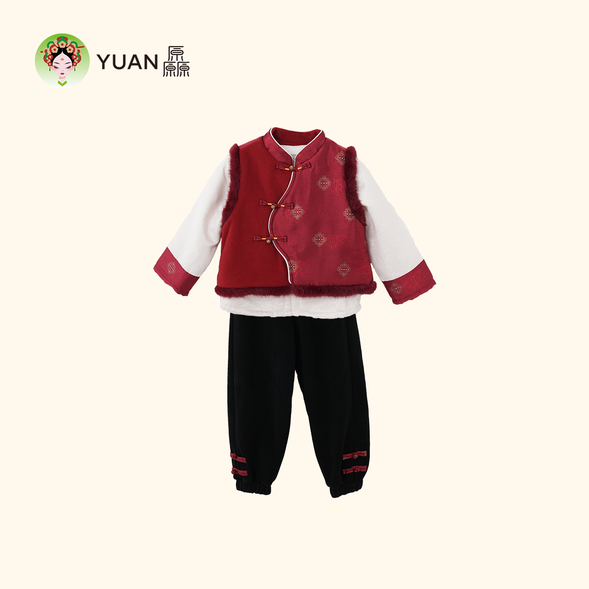 厵YUAN冬季学生加厚保暖男中童过年服红色拜年服套装唐装汉服