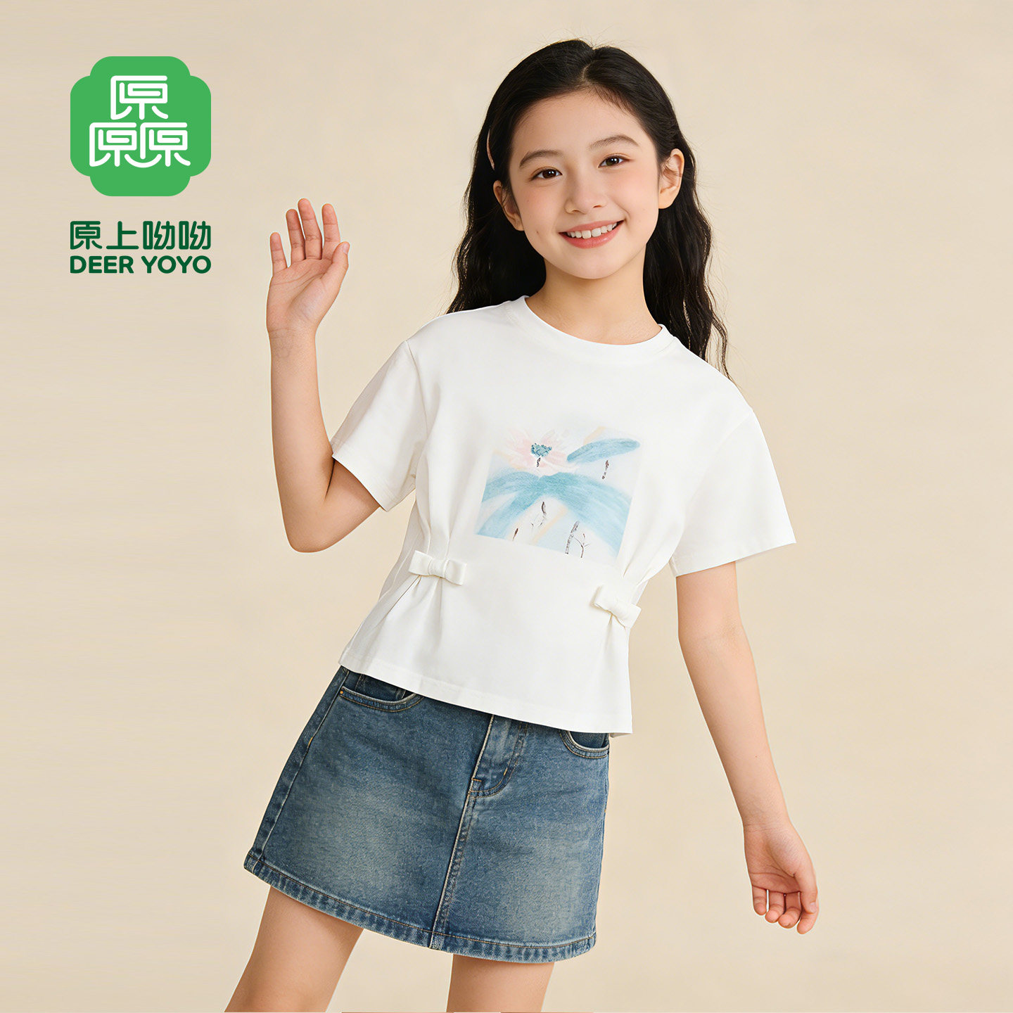 原上呦呦短袖女童T恤甜美洋气上衣中国风针织内搭印花白色打底衫