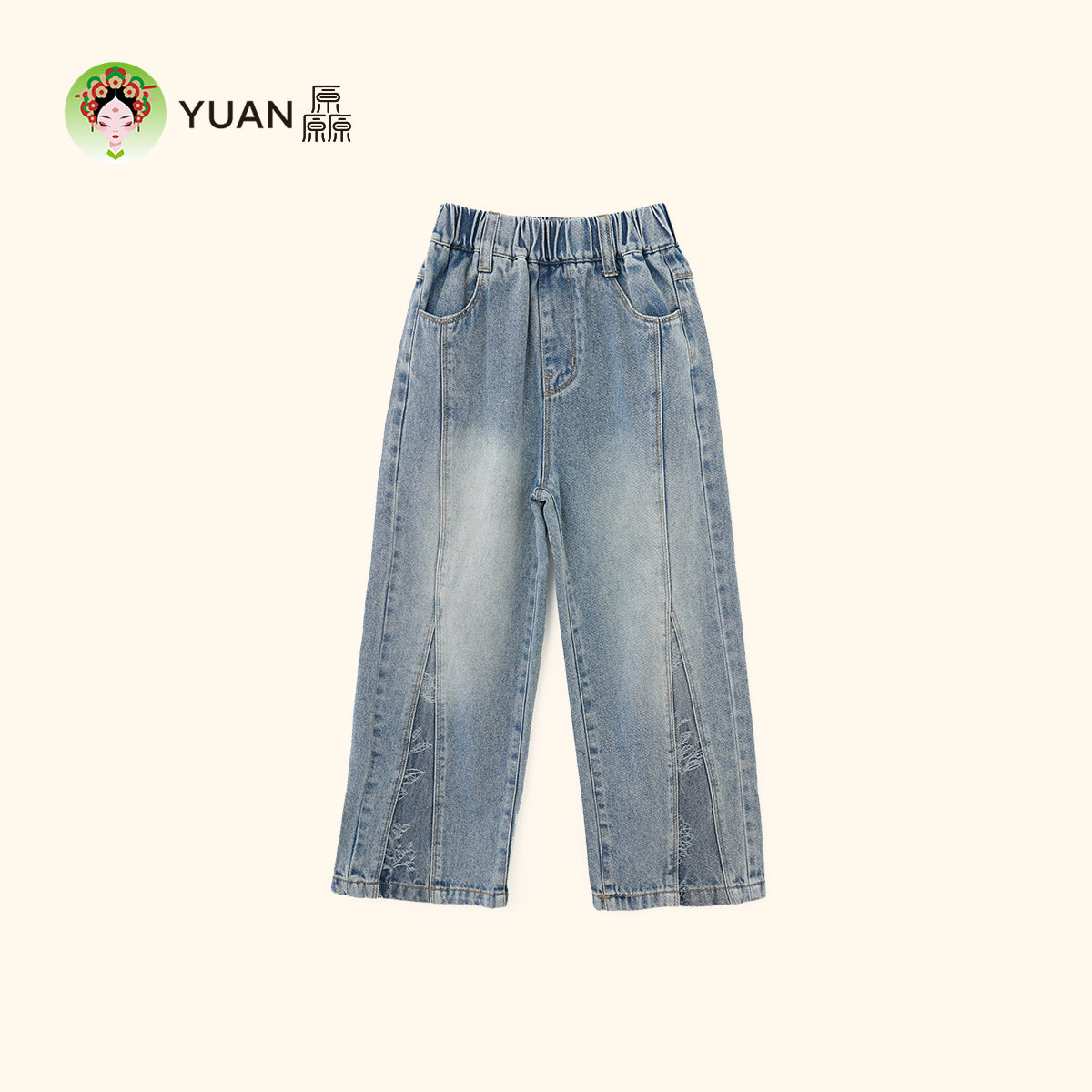 女中大童春季休闲花布直筒牛仔裤