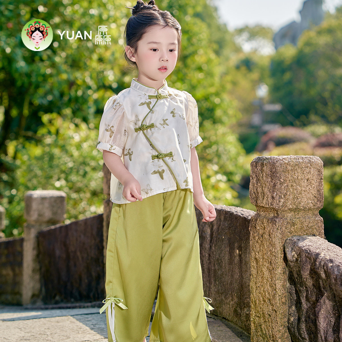 厵YUAN印花女中大童汉服套装夏季透气超柔民国日常短袖套装演出服