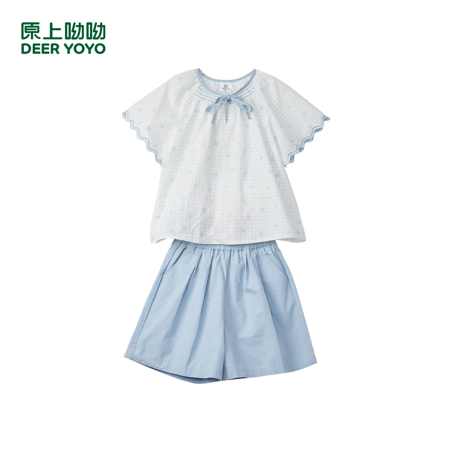 原上呦呦夏季清新格子女童两件套花边系带娃娃衫休闲短裤儿童套装