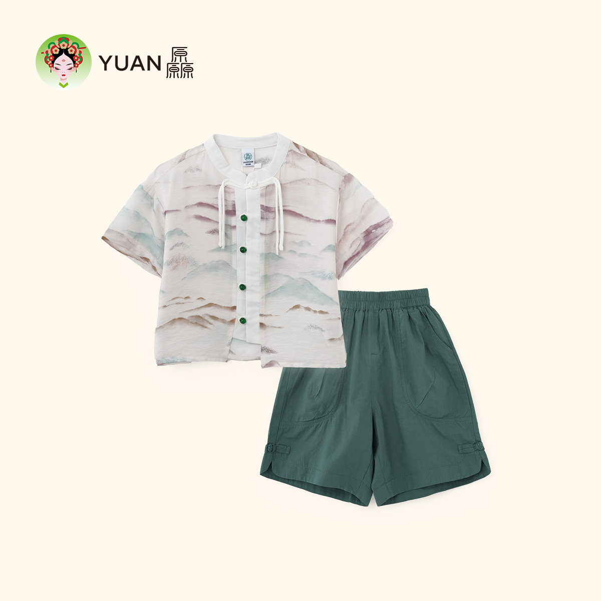 厵YUAN夏男卡通运动球服男童柔软舒适休闲时尚国风山水套装演出服