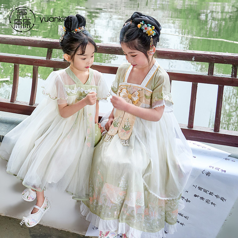 厵女童飞袖汉服裙超仙公主裙2025夏季新款儿童古装短袖襦裙演出服