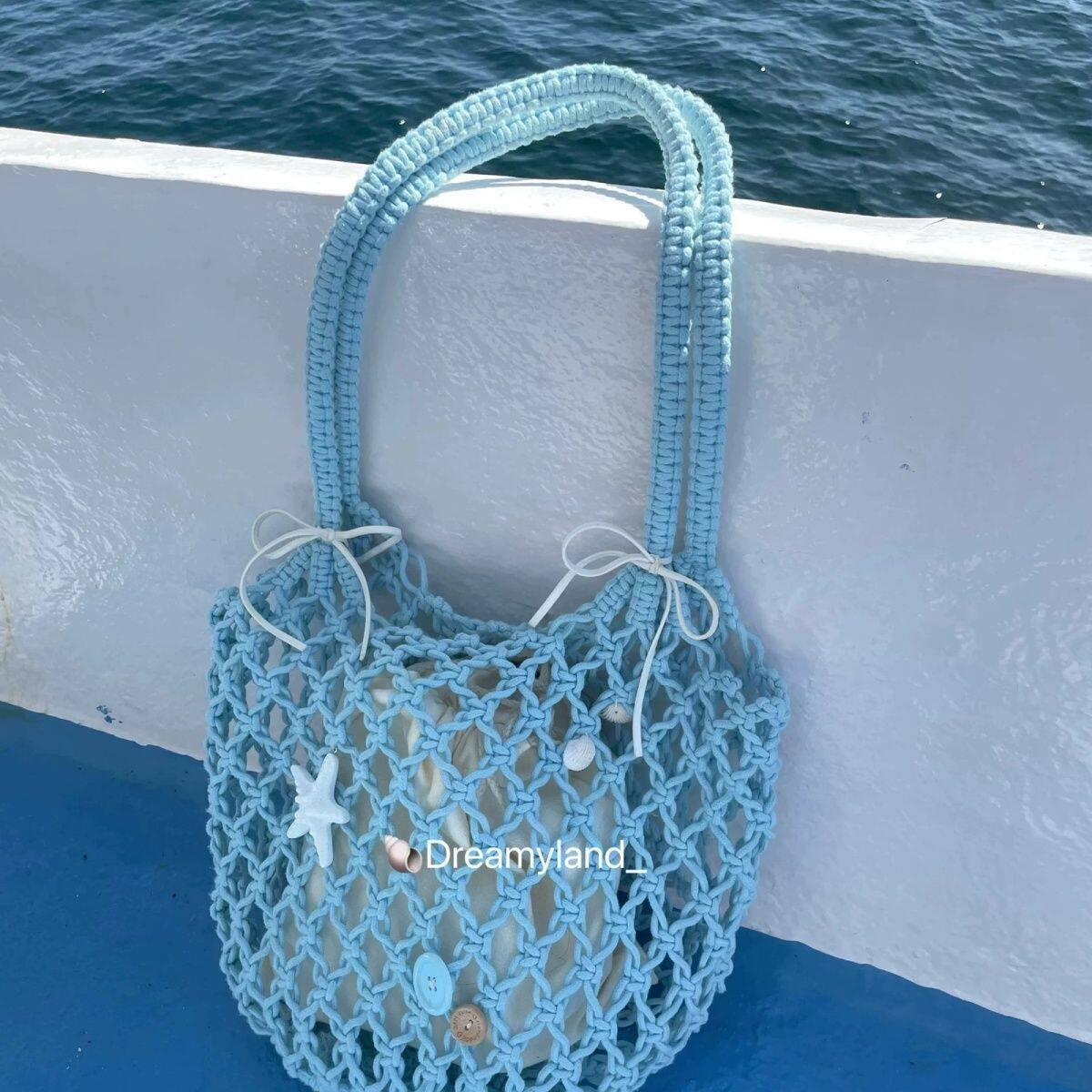 欢夏季网兜大容量蓝色贝壳手工编织包沙滩度假单肩包女送抽绳内袋