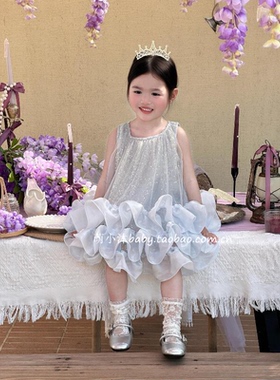 儿童洋气连衣裙2026新款韩版女童夏款蓝色亮片蓬蓬公主蛋糕礼服裙