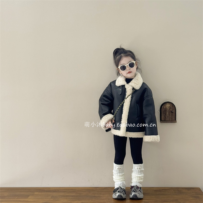 男女童冬季加绒羊羔毛机车皮衣潮