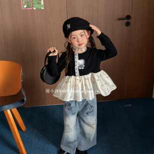 儿童洋气宽松T恤2026新款韩版女童秋款休闲百搭拼接网纱套头上衣