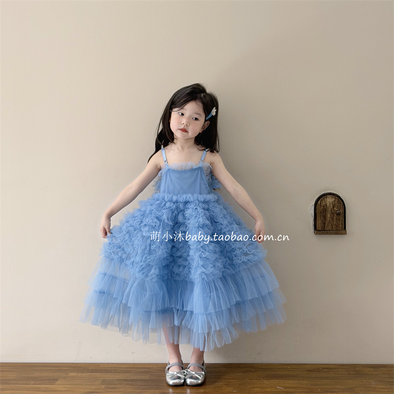 儿童洋气连衣裙2026新款韩版女宝宝夏款蓝色层层网纱蓬蓬公主裙潮