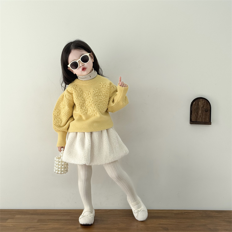 韩版冬季女童针织花朵毛衣厚款