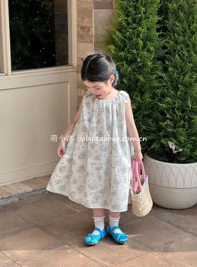 儿童洋气宽松连衣裙2026新款韩版女童夏季薄款百搭蓝色碎花棉布裙